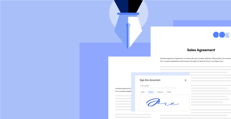 Illustration showing two contracts with an e-signature field and pen hovering over them.